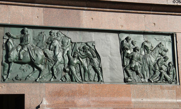 German War at Königgrätz (1866) right half of south bronze panel by Moritz Schulz with damage from WWII on Victory Column. Berlin, Germany.