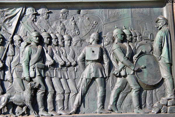 Franco-Prussian War at Sedan & Paris (1870-1) by Karl Keil right half of east bronze panel Prussians march past Arc de Triomphe on Victory Column. Berlin, Germany.