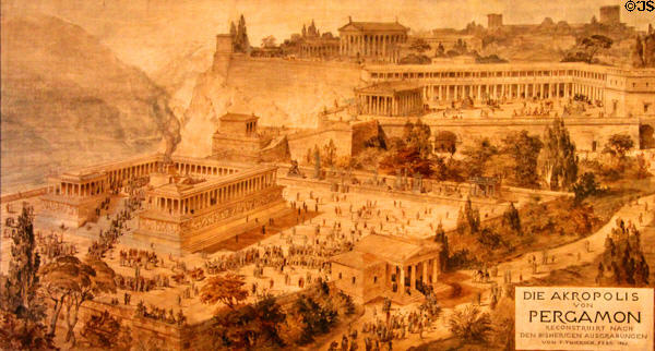 Acropolis of Pergamon watercolor (1882) by Friedrich Thiersch at Pergamon Museum. Berlin, Germany.