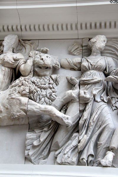 Details of Hellenistic carvings on Pergamon main altar (c170 BCE) at Pergamon Museum. Berlin, Germany.