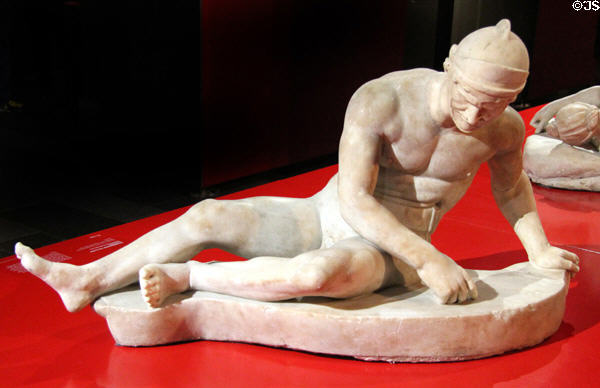 Marble sculpture of Dying Gaul (98-138 CE after 150 BCE original) found in Rome in 1514 at Pergamon Museum. Berlin, Germany.