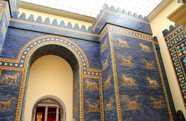 Ishtar Gate arch topped with step-like crenellations at Pergamon Museum. Berlin, Germany.