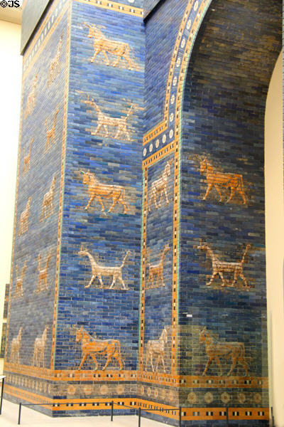 Underside of arch & trim details of Ishtar Gate in mix of reassembled sculpted brick & replica infill bricks at Pergamon Museum. Berlin, Germany.