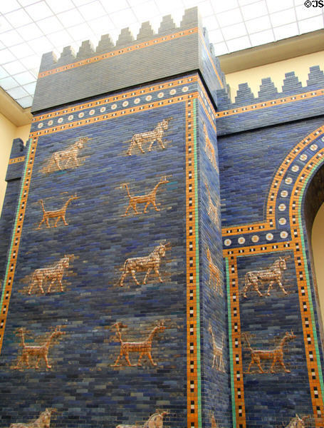 Upper section corner details of Ishtar Gate at Pergamon Museum. Berlin, Germany.