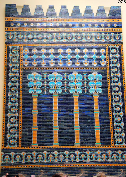 Reconstruction using replica bricks of facade of Babylon royal palace throne room during Reign of King Nebuchadnezzar II (604-562 BCE) at Pergamon Museum. Berlin, Germany.