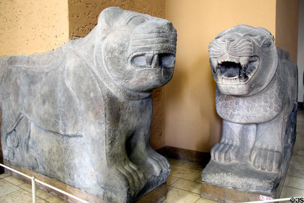 Stone lion guardians (10th-8thC BCE) from inner gate of Sam'al (Zincirli) in Turkey at Pergamon Museum. Berlin, Germany.