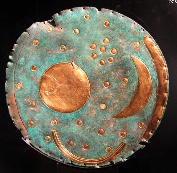 Copy of gilded bronze Nebra sky disc (c1600 BCE) original from Nebra, Germany to track where celestial objects will be at Pergamon Museum. Berlin, Germany.