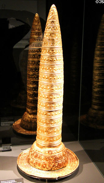 Golden ceremonial hat to identify the elite who could calculate eclipses & other celestial events (1000-800 BCE) from Southern Germany at Pergamon Museum. Berlin, Germany.