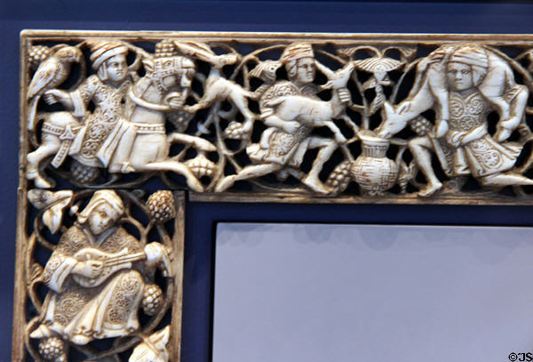 Corner detail of ivory frame with hunting & feasting scenes (11th-12thC) from Egypt at Pergamon Museum. Berlin, Germany.