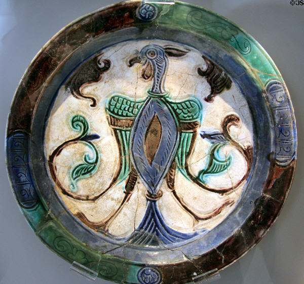 Ceramic dish painted with eagle (12th-13thC) from Iran or Syria at Pergamon Museum. Berlin, Germany.