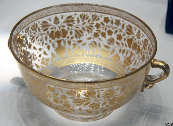 Glass handle cup painted with gold flowers (18thC) from India at Pergamon Museum. Berlin, Germany.