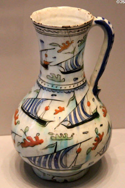 Ceramic pitcher with sailing ships (late 16thC) from Iznik, Turkey at Pergamon Museum. Berlin, Germany.