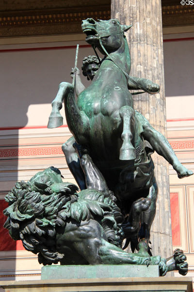 Löwenkämpfer (Lion Hunter) bronze equestrian statue (1858) by Albert Wolff in front of Altes Museum. Berlin, Germany.