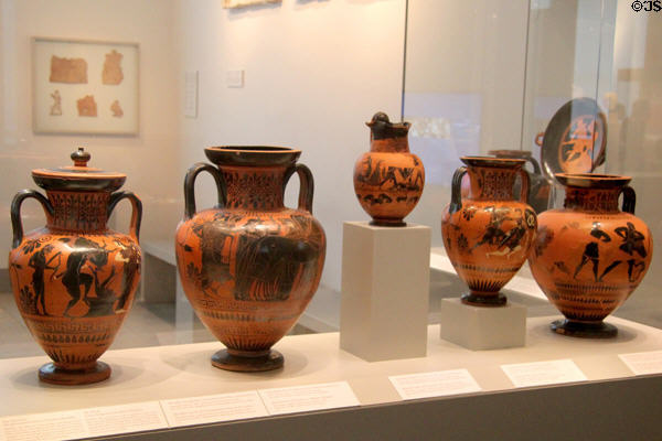Collection of Greek black-figure (c510 BCE) pottery at Altes Museum. Berlin, Germany.