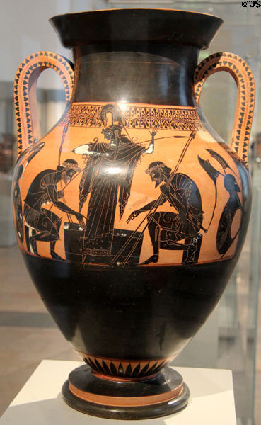 Greek Black-figure amphora (510 BCE) with Achilles & Aias playing a board game by Chiusi Painter at Altes Museum. Berlin, Germany.