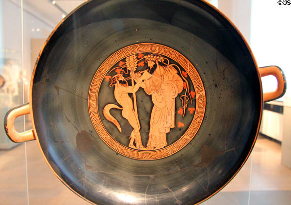 Greek terracotta red figure Kylix (wine cup) (c480 BCE) from Vulci, Italy shows Cult of Dionysus at Altes Museum. Berlin, Germany.