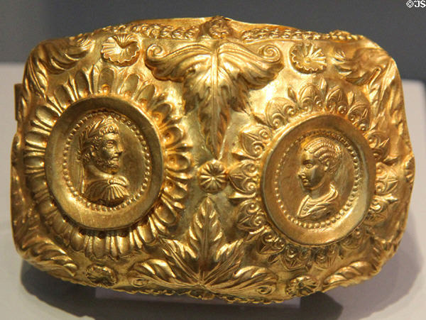 Roman gold bracelet with portrait of man & woman at Altes Museum. Berlin, Germany.
