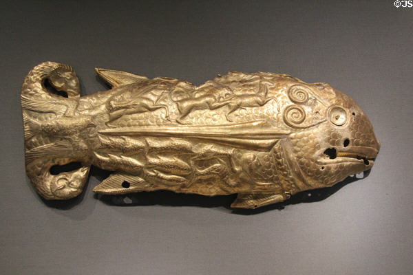 Scythian shield decoration (c500 BCE) made of gold in shape of fish from Vettersfelde (now in Poland) at Altes Museum. Berlin, Germany.