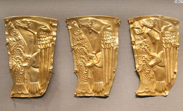 Scythian gold fittings embossed with eagle catching fish once attached to bowls (c450 BCE) from Maikop (now in Southern Russia) at Altes Museum. Berlin, Germany.