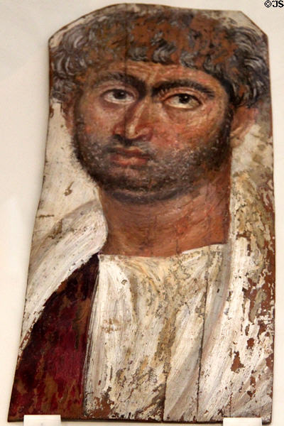 Mummy portrait of bearded man from Fayum, Egypt (c60 CE) at Altes Museum. Berlin, Germany.