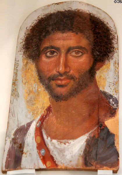 Mummy portrait of officer with sword belt from Fayum, Egypt (c150 CE) at Altes Museum. Berlin, Germany.