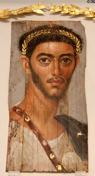 Mummy portrait of young Roman soldier from Fayum, Egypt (110-140 CE) at Altes Museum. Berlin, Germany.