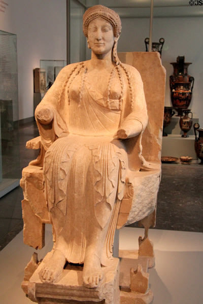 Enthroned Deity marble sculpture (475-450 BCE) from Tarentum or Locri (Italy) at Altes Museum. Berlin, Germany.