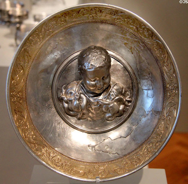 Silver bowl (1stC CE) with Bust of Heracles found with Hildesheim silver treasure with at Altes Museum. Berlin, Germany.