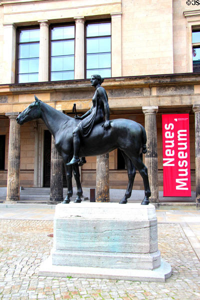 Amazon riding Horse sculpture (1890-5) by Louis Tuaillon outside Neues Museum. Berlin, Germany.