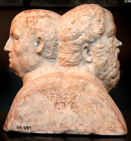 Marble double portrait heads of philosophers Seneca & Socrates (Roman copy 3rdC CE after Greek original 1stC CE) at Neues Museum. Berlin, Germany.