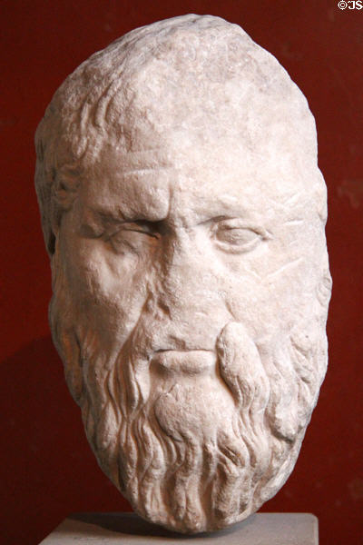 Marble portrait head of Athenian philosopher Plato (Roman copy 1stC CE after Greek original 4thC BCE) at Neues Museum. Berlin, Germany.