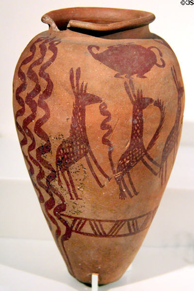 Egyptian predynastic ceramic vessel with giraffe decoration (3700-3200 BCE) at Neues Museum. Berlin, Germany.