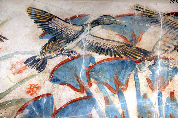 Detail of duck on Egyptian painted plaster fragment of palace floor (c1350 BCE) (New Kingdom, 18th Dynasty) from Amarna at Neues Museum. Berlin, Germany.