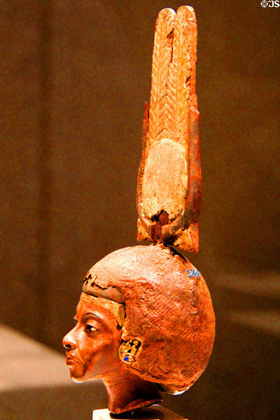 Egyptian carved wood head of queen Tiy with double feather crown decorated with gold, silver, etc. (c1355 BCE) (New Kingdom, 18th Dynasty) from Medinet el-Ghurob at Neues Museum. Berlin, Germany.