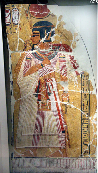 Egyptian stucco painting of deified pharaoh Amenhotep I (1152-1145 BCE) (New Kingdom, 20th Dynasty) from Thebes at Neues Museum. Berlin, Germany.