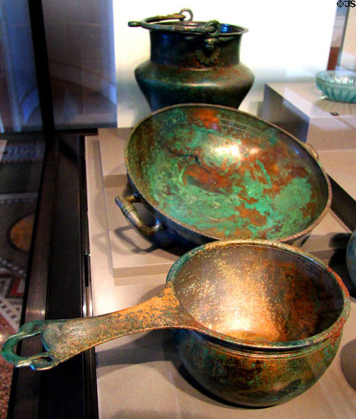 Bronze vessels found in Roman-era grave near Lübsow, Poland at Neues Museum. Berlin, Germany.