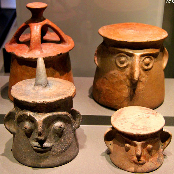Early Bronze age ritual ceramic lids with anthropomorphic faces (2600-1700 BCE) at Neues Museum. Berlin, Germany.