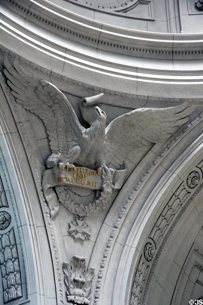 German eagle with fearless and persistent message under dome at Bode Museum. Berlin, Germany.