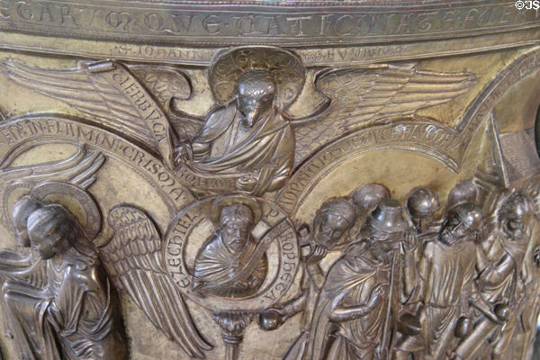 Winged eagle of St John Evangelist on baptismal font (c1230) from Lower Saxony at Bode Museum. Berlin, Germany.