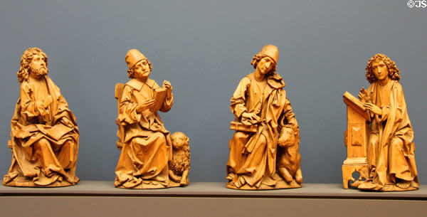 Carved linden wood figures of Evangelists Matthew, Mark, Luke & John (1490-2) by Tilman Riemenchneider of Würtzburg at Bode Museum. Berlin, Germany.