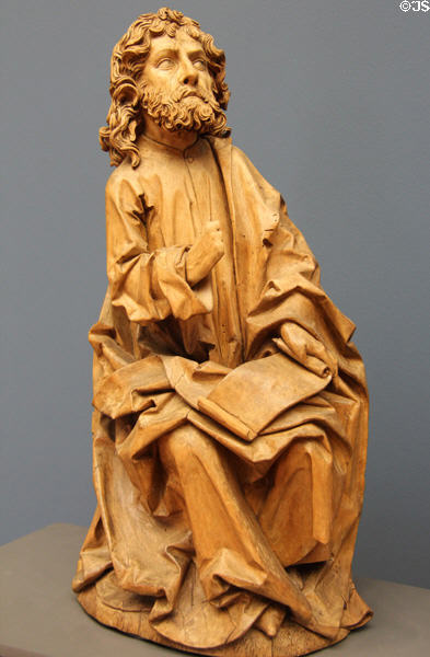 Evangelist Matthew wood carving (1490-2) by Tilman Riemenchneider of Würtzburg at Bode Museum. Berlin, Germany.