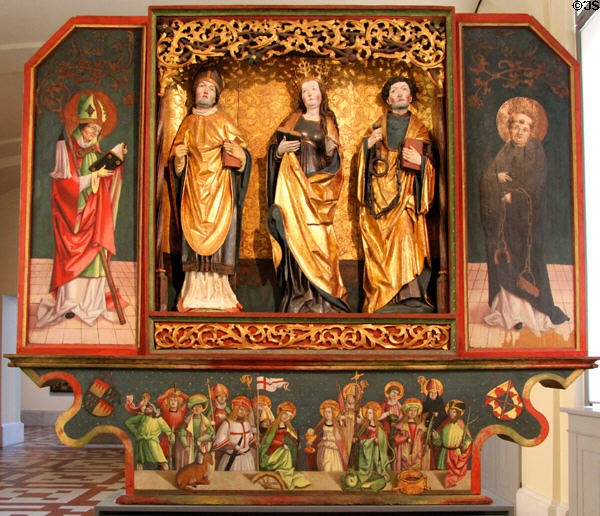 Winged altarpiece with carved Saints & Fourteen Holy Helpers (c1500) from Schwäbisch Hall at Bode Museum. Berlin, Germany.