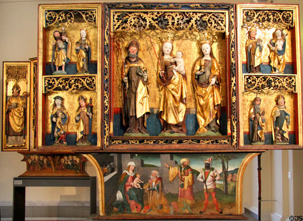 Winged altarpiece with Virgin & Child plus Saints (c1510-20) from Obersachsen/Thüringen Hall at Bode Museum. Berlin, Germany.