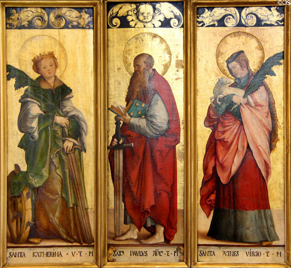 Winged altarpiece sections with St Catherine, St Paul & St Agnes (c1520-30) by Meister von Messkirch at Bode Museum. Berlin, Germany.