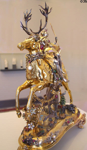 Diana Riding Deer silver statue with gems (c1610) by Paulus Ättinger from Regensburg at Bode Museum. Berlin, Germany.