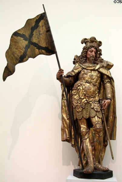 St. Sebastian as knight linden wood carving (1638-9) by Martin Zürn at Bode Museum. Berlin, Germany.