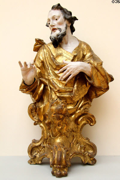 Evangelist Mark with symbol Lion linden wood carving (c1760) by Christian Jorhan d. Ä. from Germany at Bode Museum. Berlin, Germany.
