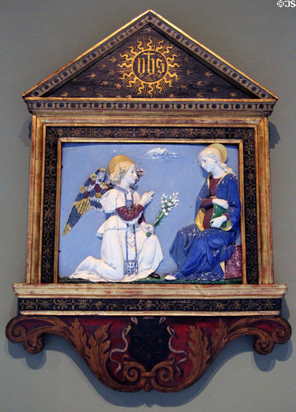 Annunciation ceramic (c1490) by Andrea della Robbia of Florence at Bode Museum. Berlin, Germany.