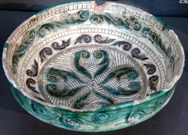 Ceramic bowl painted with leaf motif (15thC) from unknown region at Bode Museum. Berlin, Germany.