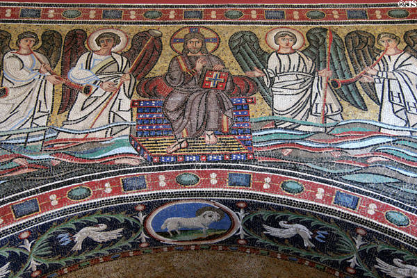 Detail of Christ with angels on apse mosaic from Ravenna (545) at Bode Museum. Berlin, Germany.